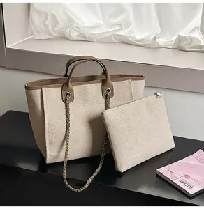 Detailed view of the large capacity woven tote bag and matching pouch two-piece set