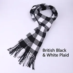 Soft classic black and white checkered plaid scarf with tassels for autumn winter season