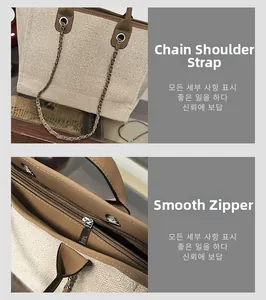 Detailed view of the woven tote bag's metal chain strap and smooth functional zipper.