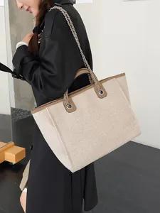 Fashion Women Canvas Tote Bag Large Capacity Woven Chain Shoulder Bag Minimalist Commuter Handbag Lady Shopping Bag With Pouch