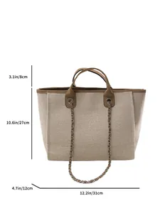 Large capacity women's woven tote bag with silver chain straps and size markings