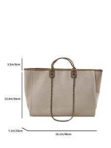 Large capacity woven tote bag with chain strap and specific size dimensions shown