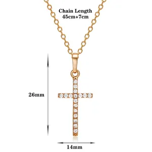 Detailed dimension view of gold-tone cross necklace with clear rhinestones