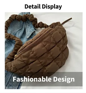 Close-up detail of a brown quilted puff chest bag featuring a textured scrunchie strap