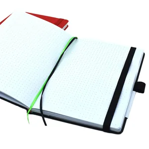 Detailed view of open bullet dotted journal showing 100GSM dot grid paper and bookmarks