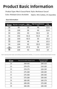 Detailed size chart for men's cargo pants including waist, hip, and length measurements