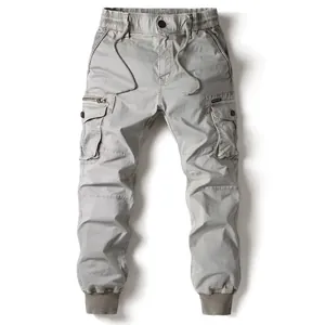 Detailed view of men's cargo joggers with drawstring elastic waist and side pockets