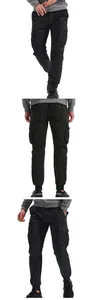 Front and back views of men's black cargo jogger pants with large side flap pockets