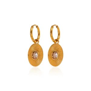 Luxurious gold stainless steel hoop earrings with oval sunburst CZ stone pendants