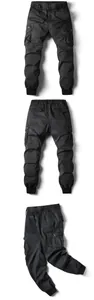 Multiple views of men's black jogger cargo pants with drawstring and multi-pocket details