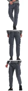 Detailed multi-angle views of men's dark grey cargo joggers featuring utility pockets