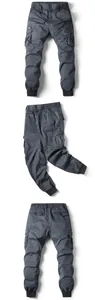 Detailed views of charcoal grey men's cargo pants with drawstring waist and cargo pockets