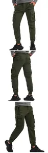 Detail views of men's army green cargo jogger pants with elastic waist.