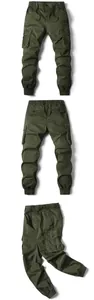 Detailed view of army green men's cargo jogger pants with multiple utility pockets