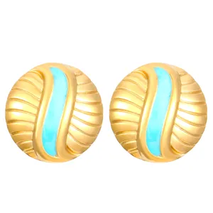 Elegant gold-plated stainless steel round stud earrings with blue enamel wavy detail