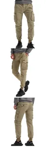 Detail views of khaki men's cargo pants showing front, side, and back design.