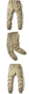 Detailed views of men's khaki cargo joggers with drawstring waist and pockets