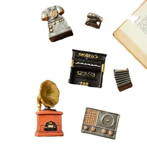 Retro resin miniature ornaments set featuring phonograph piano and vintage camera decor
