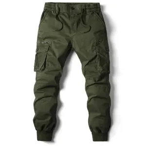 Olive green men's cargo jogger pants with drawstring elastic waist and side pockets