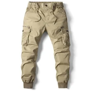 Men's stylish khaki cargo jogger pants with elastic drawstring waist and multiple pockets