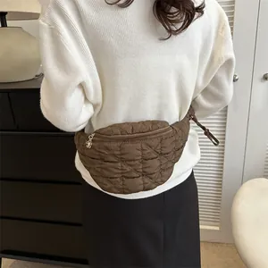 Fashionable brown quilted waist bag with diamond lattice pattern for women