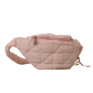 Fashionable light pink quilted fanny pack waist bag with stylish floral zipper pull