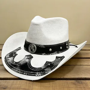 Western Cowboy Strohhut Sonnenschutz Jazz Hut Mit Pferdekopf Metallschnalle Schlangenmuster Für Herren Damen Outdoor Reisen