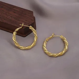 Nahaufnahme von goldenen geflochtenen Mobius-Ohrringen auf grauem Stoff.