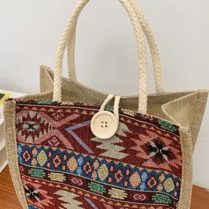 Detailed view of an ethnic woven tote bag with colorful tribal patterns and wooden button