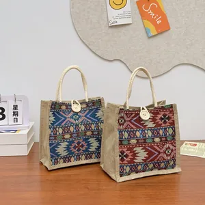 Close-up detail of ethnic tribal woven patterns on sustainable burlap tote handbags