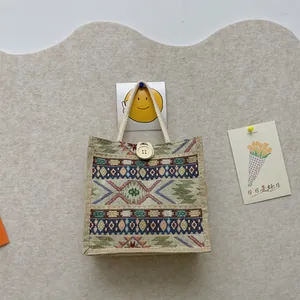 Detail view of an ethnic woven tote bag with colorful tribal patterns and rope handles