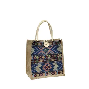 Ethnic style burlap tote bag with geometric woven pattern and rope handles