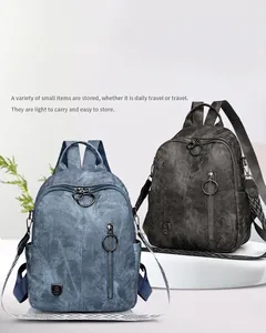Detailed view of two vintage leather backpacks in blue and black colors for daily travel and school.