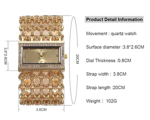 Gold square bracelet watch for women with rhinestone inlay and wide metal strap