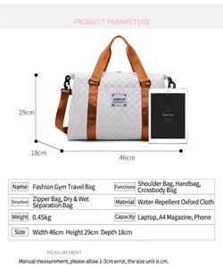 Tableau des tailles détaillé pour sac de sport matelassé blanc avec dimensions.