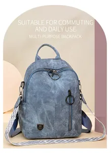 Front view of a vintage denim textured backpack with geometric straps and ring zippers.