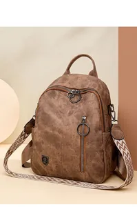 Vintage brown women backpack detail with unique chevron pattern wide strap and rings.