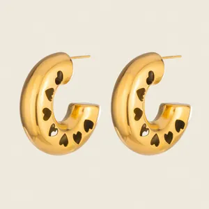 Vintage Stainless Steel Hollow Heart C-Shaped Hoop Earrings 18K Gold Plated Elegant Minimalist Retro Jewelry For Women