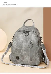 Vintage grey backpack for women with distressed texture and ring zippers
