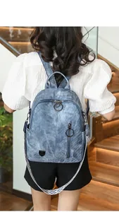 Vintage blue faux leather backpack for women shown on model for casual travel use