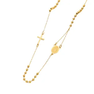 18K gold plated stainless steel rosary necklace with cross and Virgin Mary medal