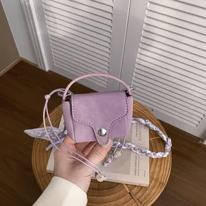 Women Retro PU Mini Crossbody Bag Small Coin Purse With Satin Scarf Wood Bead Strap Niche Design Shoulder Bag