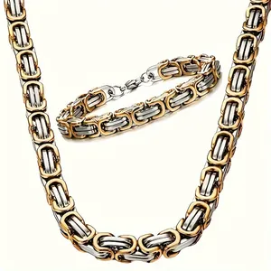 Parure Collier et Bracelet Byzantin en Acier Inoxydable pour Hommes Chaîne Carrée Faite à la Main Bijoux Byzantins pour Hommes