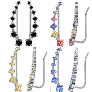 Detailed view of stylish curved crawler earrings with multi-color round rhinestones