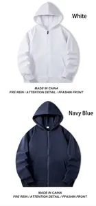 Detailed display of unisex zip-up terry hoodies in white and navy blue options