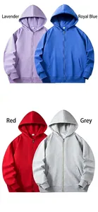 Collection of unisex solid color zip-up hoodies in purple, blue, red, and grey
