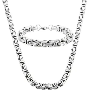 Parure collier et bracelet chaîne byzantine en acier inoxydable argenté pour homme