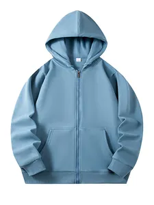 Solid color zip-up hooded sweatshirt in soft blue french terry fabric
