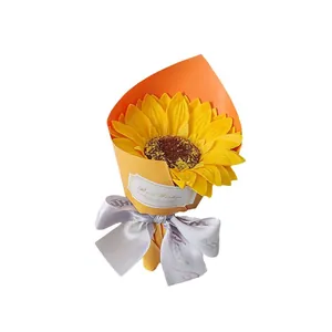 Exquisite mini handmade sunflower soap flower bouquet with silver ribbon and best wishes card