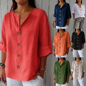 T-Shirt d'Été pour Femmes Col en V Boutons Manches Courtes Ample Décontracté en Fibre de Cellulose Régénérée Top Élégant